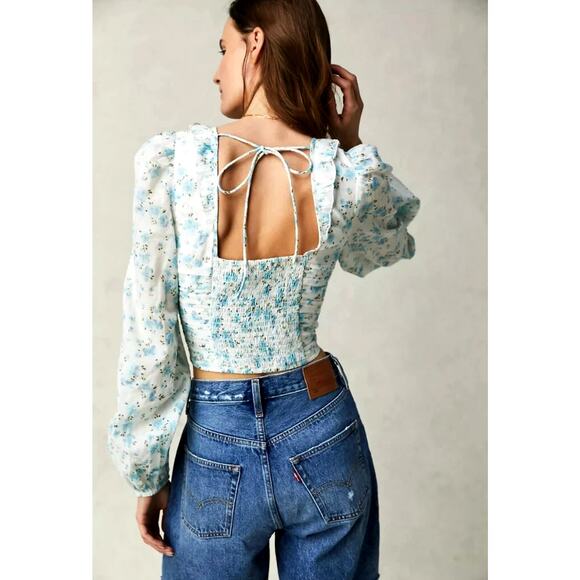 Free People Another Life Top White Combo Blue Floral Print L - Picture 5 of 16